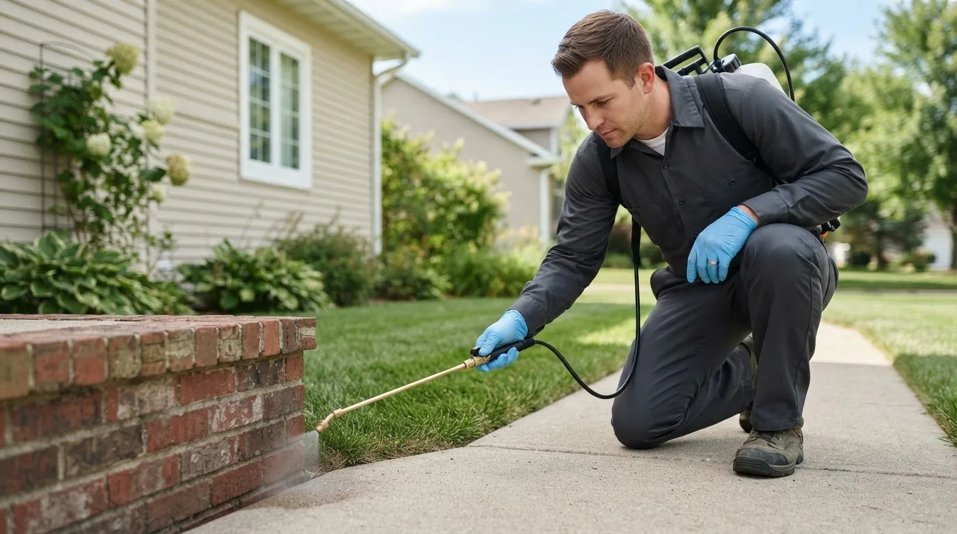 Pest control technician treating a home near Saint Paul, OR